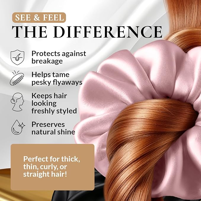 100% Pure 22 Momme Mulberry Silk Scrunchies (Set of 3) | Highest grade (6A) Luxury Hair Ties| (Black,White,Pink) | (Pink, Standard)