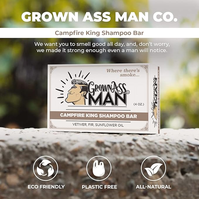 Grown Ass Man Co. - Solid Shampoo Bar Rich Lather 3 in 1: Hair, Beard & Body Wash - Plastic Free & Eco-Friendly, Natural & Organic Clean for All Hair Types, 4oz Bar (Campfire King, 6-Pack)