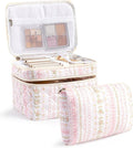 HBselect 2Pcs Travel Makeup Bag, Large Cotton Quilted Makeup Bag Cosmetic Bag Cute Make up Bag Toiletry Bags for Women Girls