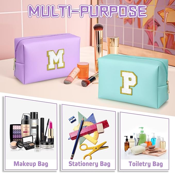 TOPEAST Preppy Makeup Bag, Small Cosmetic Travel Bags for Women, PU Leather Waterproof Toiletry Bag with Zipper, Personalized Birthday Gift for Women Girl, Preppy Gifts for Girl (Purple Y)