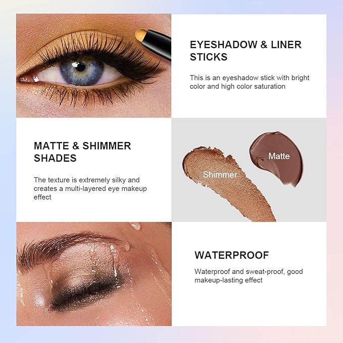 CHIFURE Eyeshadow Stick, Shimmer and Matte Cream Eye Shadow Brightener Sticks Eyeliner Pencil Crayon, Waterproof Long Lasting Eye Highlighter Stick Makeup,0.056 Oz(#8-Fancy)