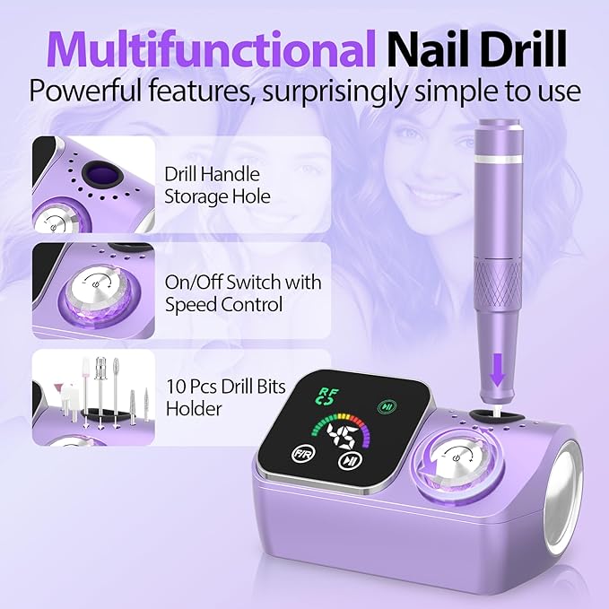 Professional Electric Nail Drill E-File Machine - 45,000 RPM Corded Nail Drills Kit with Low Noise & LED Display for Shaping, Removing & Polishing Acrylic Gel Nails for Salon Home