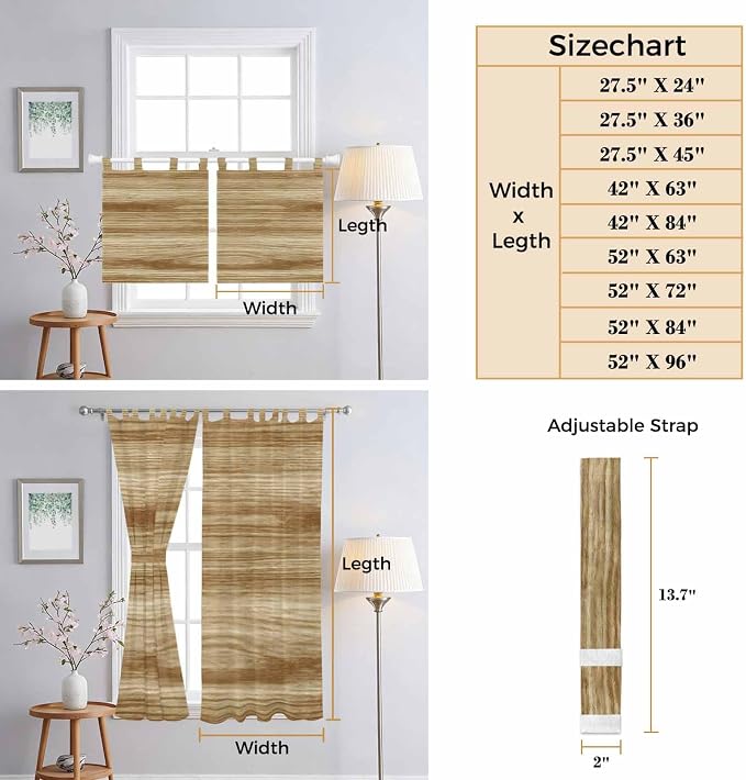 Light Brown Wood Grain Bedroom Curtains 63 Inch Length, Window Curtains Tab Top - Image 8