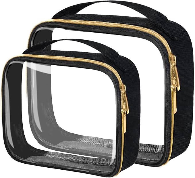 TSA Approved Travel Toiletry Bag,2 Pack Clear Makeup Bags with Handles,Quart Size Clear Cosmetic Bags for Traveling Women,Men,Carry on Airport Airline Compliant Bag,Black