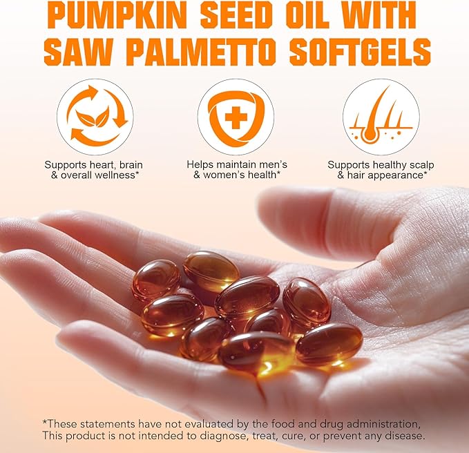 Pumpkin Seed Oil Capsules | Pumpkin Seed Oil with Saw Palmetto Softgels | Organic Pumpkin Seed Extract for Hair Growth, Bladder & Prostate Health | Cold Pressed & Pure Virgin, 1000mg, 120 Softgels