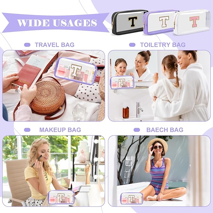 Personalized Initial Letter Clear Makeup Bag,Preppy Small Nylon&PVC Cosmetic Zipper Bag with Chenille Letter,Travel Skincare Toiletry Bag,Monogram Christmas Gift for Teen Girls Women,T