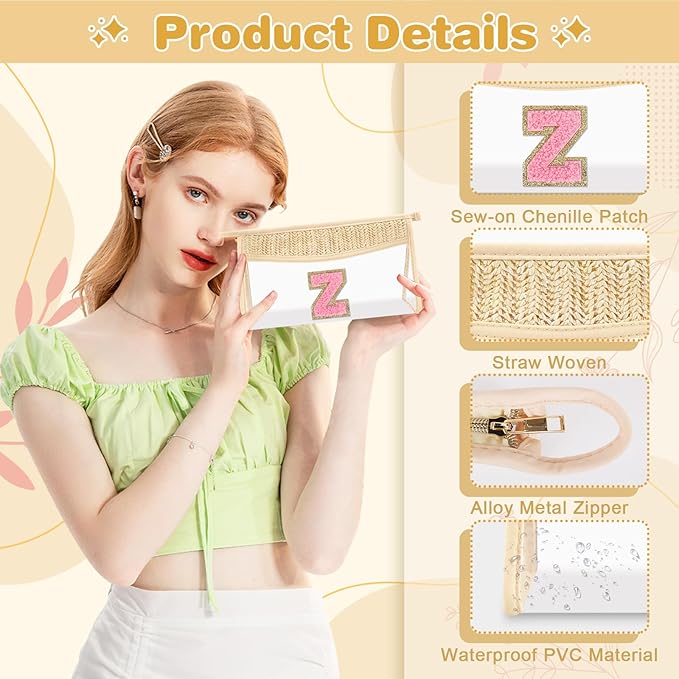 Small Boho Straw Initial Letter Makeup Bag Personalized Gift ,Cute Clear Chenille Patch Makeup Bag With Zipper,Trendy TSA Approved Travel Toiletry Bag,Gift for Women Girls Birthday Friend, Letter Z
