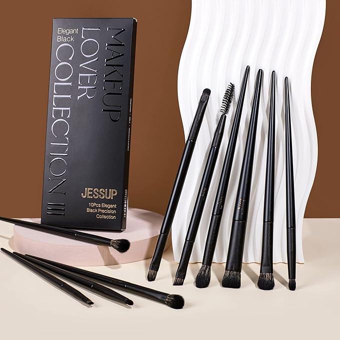 Jessup Eyeshadow Brush Set, 10Pcs Eye Makeup Brushes Professional for Blending Eye Shadow Liner Crease, Duo-end Brow Brush, Elegant Black T337