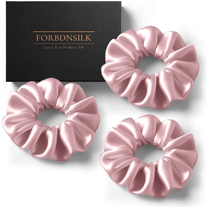 100% Pure 22 Momme Mulberry Silk Scrunchies (Set of 3) | Highest grade (6A) Luxury Hair Ties| (Black,White,Pink) | (Pink, Standard)