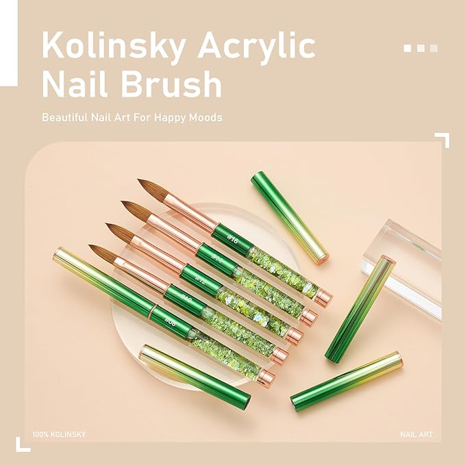 Acrylic Nail Brush Size #10, KEMEISI 100% Pure Kolinsky Nail Art Brushes Sturdy Handle Oval Shaped Acrylic Powder Nail Design Tools for Professional Manicure DIY Home Salon (Green)