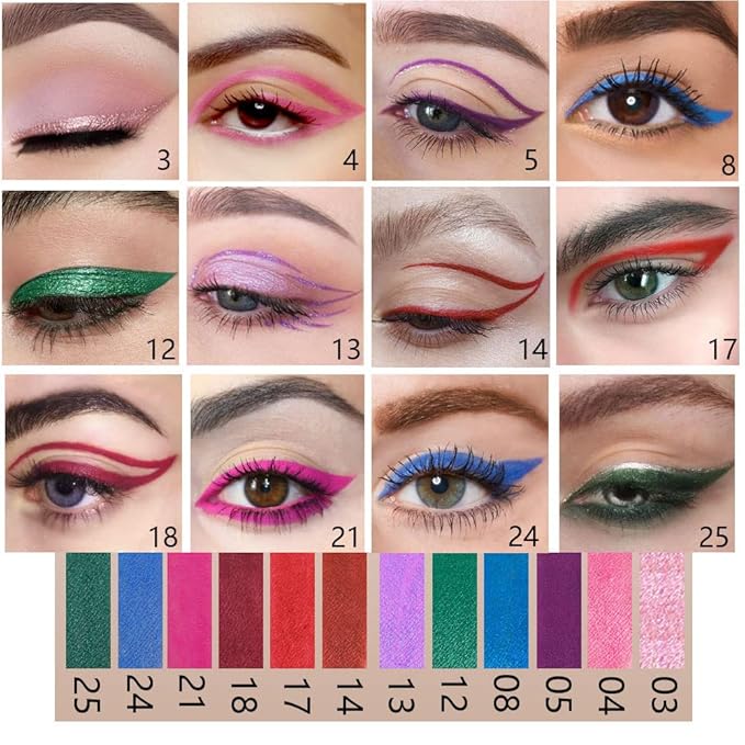 evpct 12Pcs Pink Rose Red Orange Purple Black Silver Blue Red Brown Colored Glitter Eyeliner Eye Liner Pencils Makeup Set for Women Waterproof lapiz delineadores de colores para ojos contra el agua