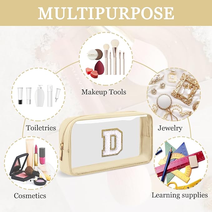 Small Clear Personalized Initial Makeup Bag,Nylon Preppy A-Z Chenille Letter Patch Cosmetic Pouch Beach Toiletry Bag,Waterproof Zipper Travel Purse Storage Bag Organizer for Women Girls(Beige-White D)