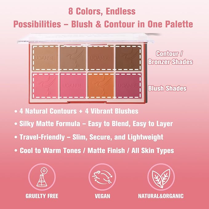8 Colors Face Matte Blush Palette Shading Blusher - Buildable Facial Cheek Blusher Contour Bronzing Pressed Powder Makeup Pallet Women Gift Set (8 Colors Face Blush Palette)