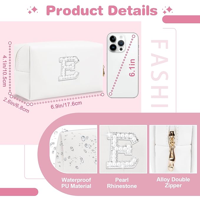 Bride Gifts – Personalized Initial Makeup Bag with Pearl Rhinestone Patch, Preppy White Monogram Cosmetic/Toiletry Pouch, bridesmaid Gifts, Bridal Shower Gifts, Wedding Gifts, Bridal Gifts,E