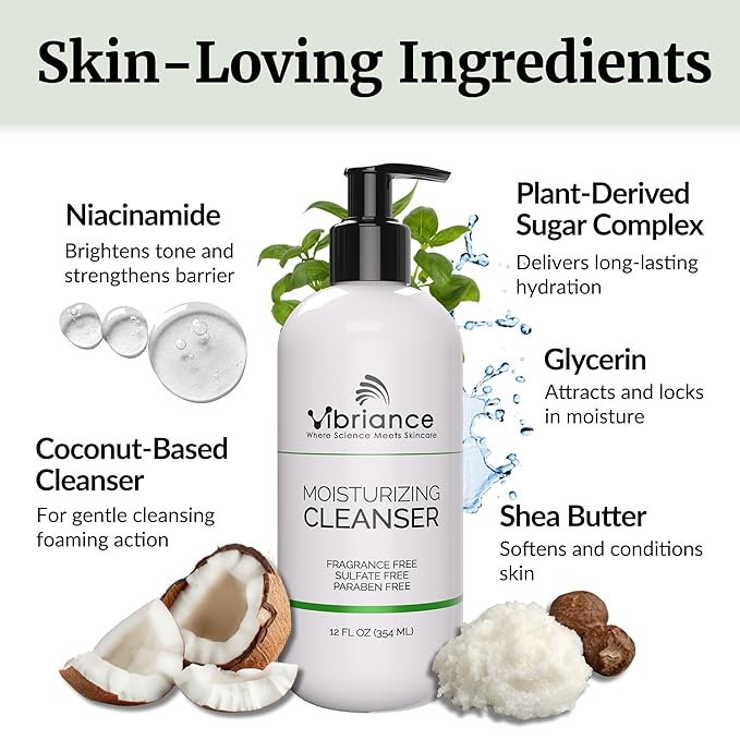 Vibriance Moisturizing Cleanser, Oil-to-Foam Face Wash with Niacinamide, Shea Butter for Mature Skin - Hydrating Gentle Facial Cleanser, Sensitive Face Wash, Sulfate-Free, 12 fl oz