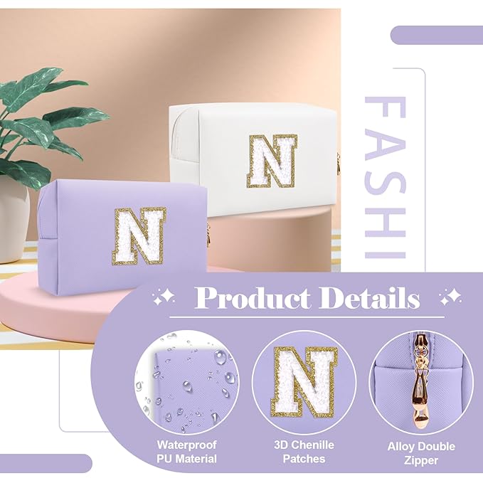 Personalized Makeup Bag Initial A-Z Preppy Patch Bag,Small PU Leather Travel Cosmetic Bag Pouch with Zipper,Purple Cute Toiletry Bag,Gift Ideal for Teen Girls Women Birthday Friend Mom,Latter N