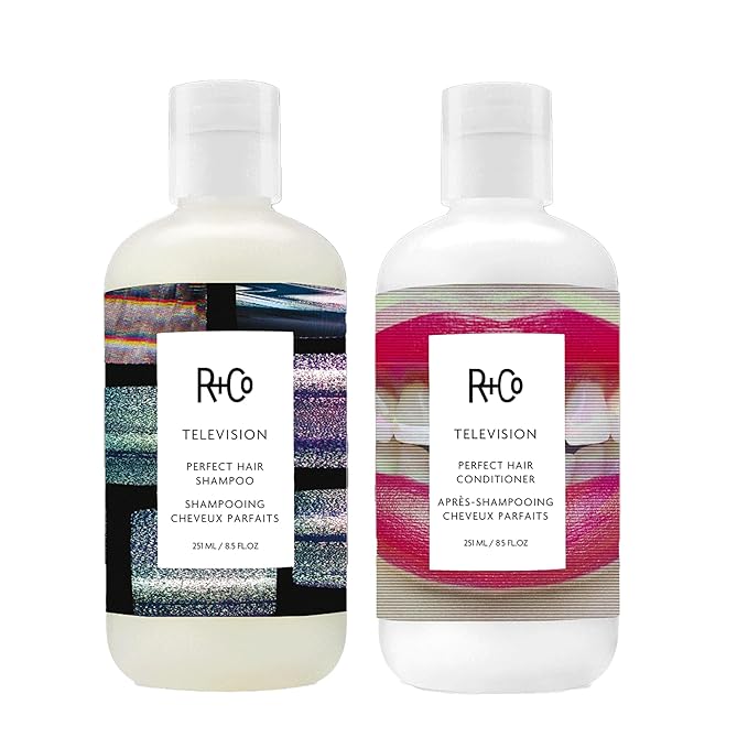 R+Co Television Perfect Hair Shampoo & Conditioner Set + Deluxe Sample (0.5oz) | Smooths, Adds Shine & Volume | Vegan + Cruelty-Free | 8.5oz (Pack of 2)