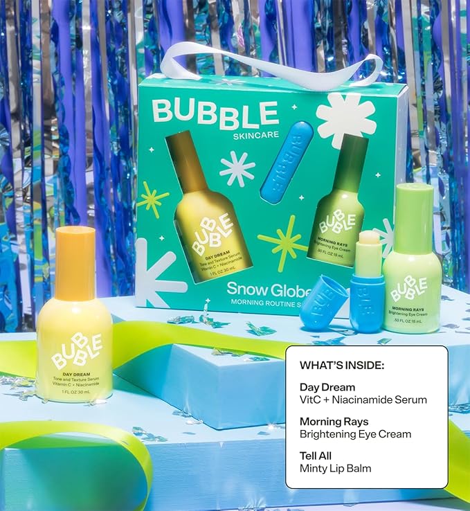 Bubble Skincare Snow Globe Morning Routine Travel Skincare Set - Gift Set Includes Day Dream Vitamin C Serum, Morning Rays Under Eye Serum & Tell All Minty Lip Balm (3 Count)