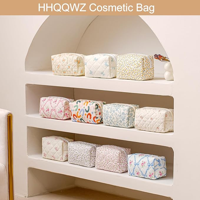 Makeup Bag Travel Cosmetic Bag for Women Girls, Zipper Make Up Pouch, Floral Flowers Toiletry Organizer Makeup, Portable Storage Bag, Cosmetic Travel Cloth Bag (Pink Bowknot+Blue Bowknot)