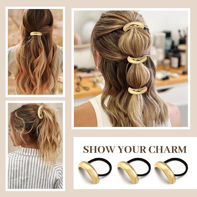 4PCS Gold Hair Ties, Metal Hair Ties for Thick Hair, Elegant Durable Round Geometric Design Hair Cuffs, Gold Hair Accessories for Women, Stretchy Non-Damage Ponytail Holders Christmas Gifts