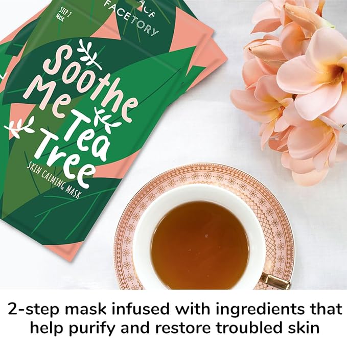 FACETORY K Beauty Face Mask Skin Care - Soothe Me Tea Tree 2-Step Sheet Mask with Tea Tree Extract & Chamomile + Soothing Ampoule | Skin Calming, Acne Clearing (5 Pack)