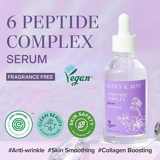 Mary&May 6 Peptide Complex Serum - Korean Anti-Aging Face Treatment for Wrinkle Reduction, Skin Firmness & Hydration, EWG Verified, Fragrance Free, 2.71 fl.oz.