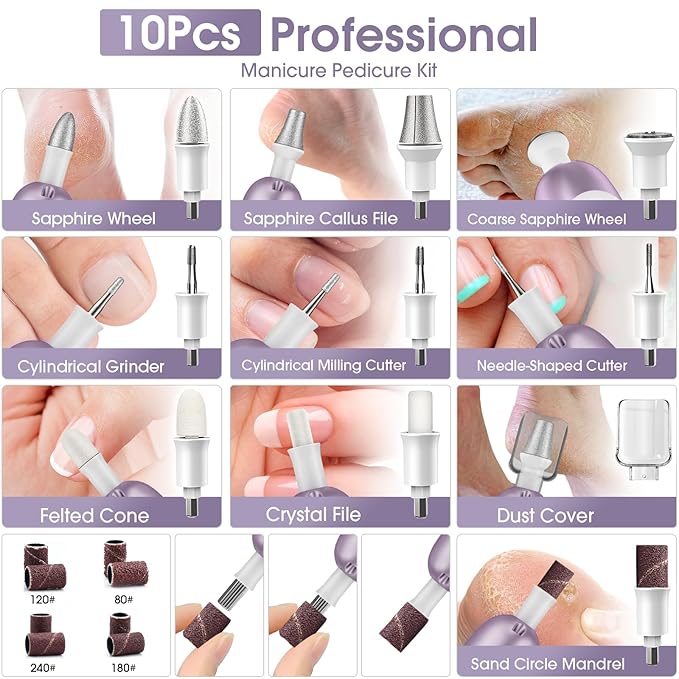 Professional Manicure Pedicure Kit with Memory Modes, Cordless Electric Nail File Set 10 Speed Portable Nail Drill Machine, Pedicure Tools for feet, Hand Foot Care Tool for Thick Nail Toenail Cuticle