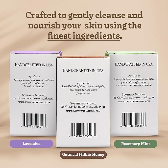 Southern Natural Goat Milk Soap Bar – Lavender, Oatmeal Milk & Honey, Rosemary Mint – Handmade for Dry and Sensitive Skin– Face & Body Wash for Men, Women, Kids, Baby – 3 pack (4-4.5 oz)
