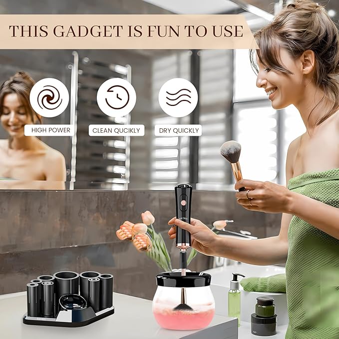 Electric Makeup Brush Cleaner and Dryer Machine - Super Fast Clean and Dry Make Up Brushes - Automatic Cosmetic Brush Spinner Washer Tools