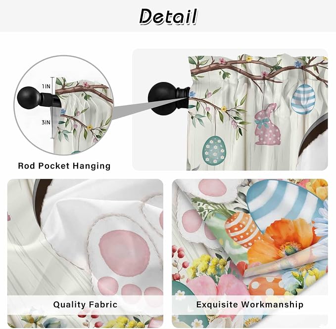 Easter Kitchen Curtains 45 Inch Long 2 Panel Set, Rod Pocket Window Treatment - Image 9