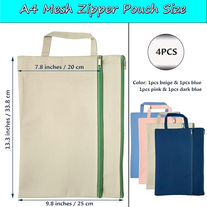 A4 Mesh Zipper Pouch, Waterproof File Bag with Handle,Foldable Document Organizer for School, Office, Travel - Durable Folder with Puzzle Project/Cross Stitch (4)