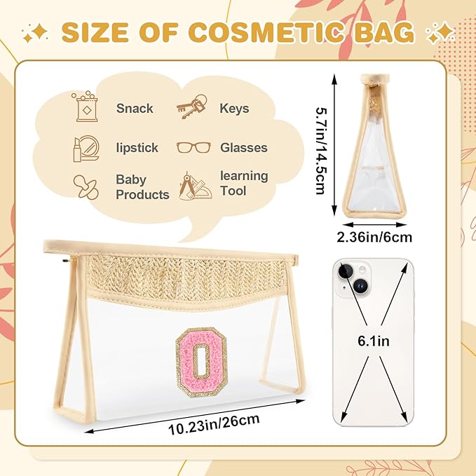 Small Boho Straw Initial Letter Makeup Bag Personalized Gift ,Cute Clear Chenille Patch Makeup Bag With Zipper,Trendy TSA Approved Travel Toiletry Bag,Gift for Women Girls Birthday Friend, Letter O