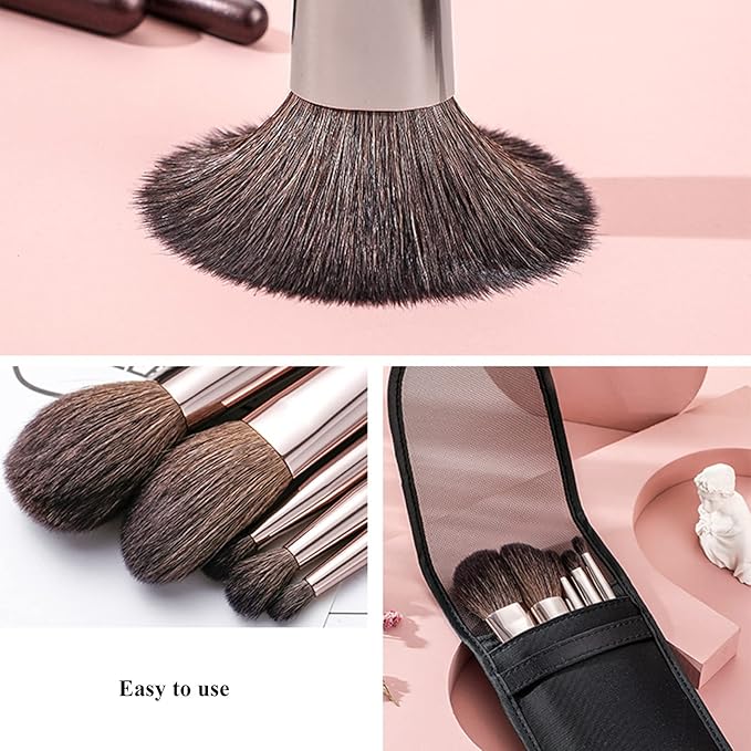 Travel Makeup Brushes Set w/Pouch, Portable 5PCS Professional Mini Cosmetic Brushes Kit for Powder Blush Concealers Contouring Highlighting