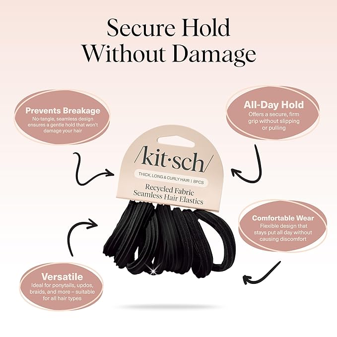Kitsch Hair Ties No Damage - Strong, Stretchy Hair Bands | Soft Nylon Ponytail Holders, Snag-Free Rubber Bands, Perfect for Updos & Braids | Ideal Gifts for Women - Black, 8pcs