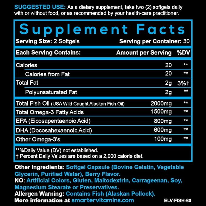 (2 Pack) Smarter Omega 3 Fish Oil, Berry Flavor, Burpless, Tasteless, 2000mg, Potent Triple Strength DHA EPA Brain OMEGA3, Made with AlaskOmega®