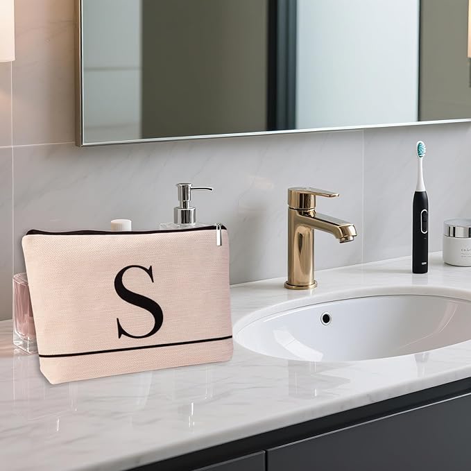 Letter A-Z Initial Personalized Makeup Bags, Birthday Gifts for Women, Monogrammed Gifts for Women Mom Sister Best Friend Bride Bridesmaid, Mothers Day, Christmas, Small Travel Cosmetic Bag (S)