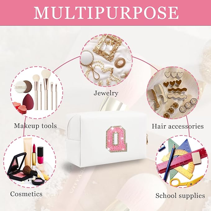 Personalized Initial Makeup Bag, Small Preppy Glitter Letter Cosmetic Pouch PU Waterproof Zipper Travel Toiletry Bag, Unique Letter Patch Makeup Organizer Gift for Women Teen Girls
