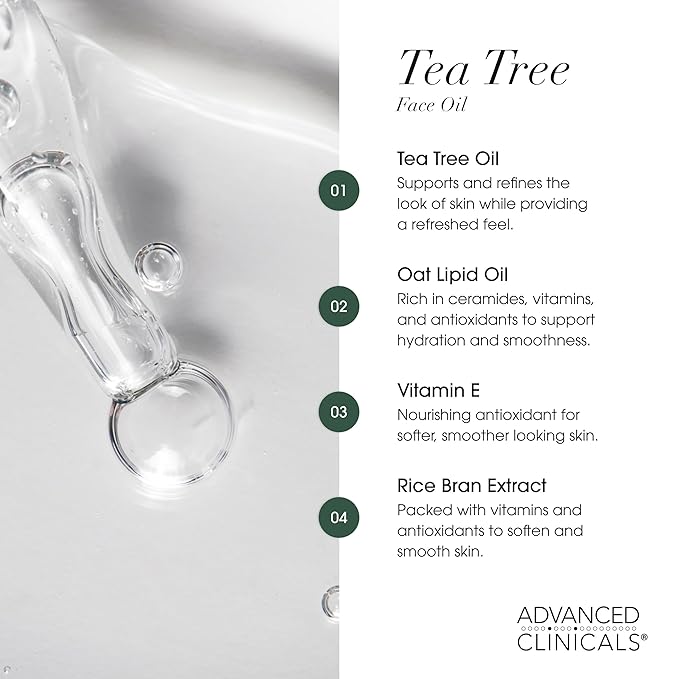 Advanced Clinicals Tea Tree Oil For Skin Facial Serum | Tea Tree Serum For Face With Vitamin E + Botanicals To Help Improve Appearance Of Large Pores & Skintone For Smoother Looking Skin, 1.8 Fl Oz