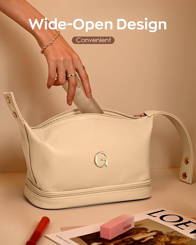 Girlfriend Gifts, Personalized Makeup Bag with Handle, Initial Double Layer Cosmetic Bag with Makeup Brush Organizer, PU Leather Travel Toiletry Bag Gifts for Women Her Friend Sister Mom Gift