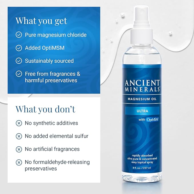 Ancient Minerals Ultra Magnesium Oil Spray with MSM - a Pure Zechstein Topical Magnesium Chloride with The Added Benefits of OptiMSM (4oz)