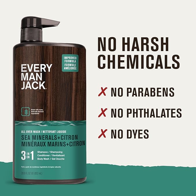 Every Man Jack Sea Minerals + Citron Hydrating Mens 3-in-1 All Over Wash for All Skin and Hair Types - Body Wash, Shampoo and Conditioner with Naturally Derived Ingredients - 28.8oz (2 Pack)