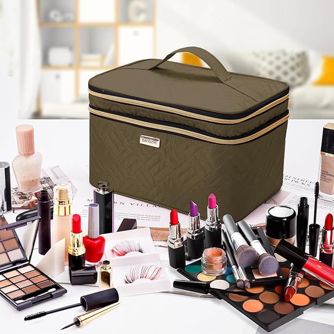 8.8L Double Layer Travel Makeup Bag With Mirror For Women, Large Cosmetic Case, Organizer for Travel-Size Accessories Bottles, Brushes,and Skin Care Products, 2.33 GAL, Brown…