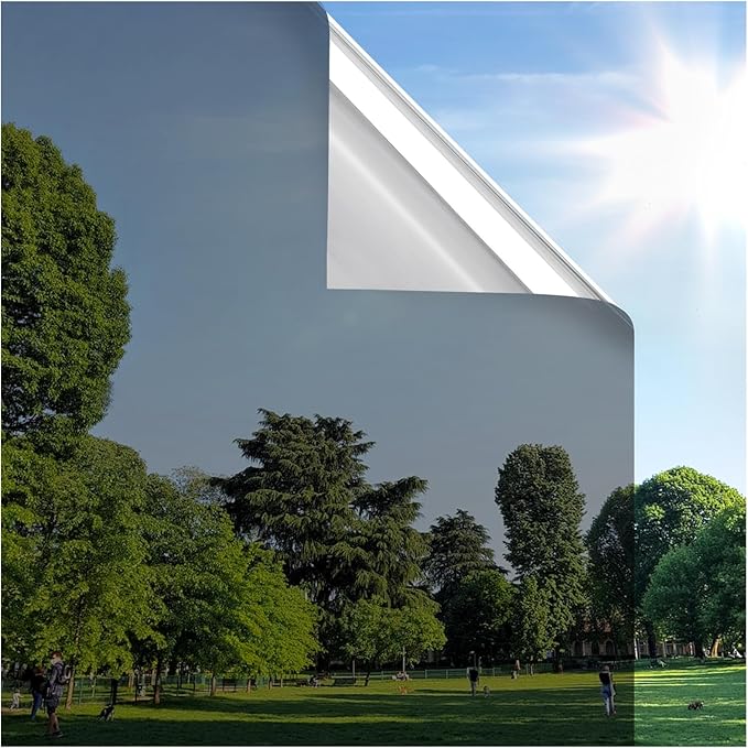 rabbitgoo Window Privacy Film One Way Window Tint for Home, Removable Reflective Heat Sun Blocking Anti UV Glass Door Covering, Mirror Tinting Film House Office, 35.4 in X 32.8 Feet, Black Silver