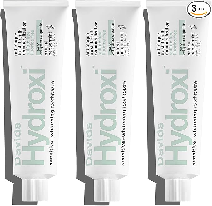 Davids Hydroxi Fluoride Free Nano Hydroxyapatite Toothpaste for Remineralizing Enamel & Sensitive Relief, Whitening, Antiplaque, SLS Free, Natural Peppermint, 4oz, Made in USA (3 Pack)