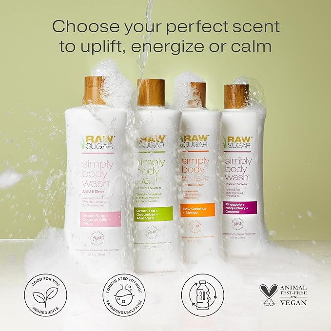 RAW SUGAR Simply Body Wash, (25 Fl Oz, Pack of 1) Bath Soap, Formulated without Sulfates & Parabens (Green Tea + Cucumber + Aloe Vera)