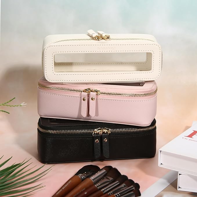 Aveniee Clear Makeup Brush Bag, Slim Brush Holder Cosmetic Case, Small Travel Toiletry Bag for Women, Thin Make up Bags with Dual Zipper, Cute Travel Essentials Srorage Bag.Lilac
