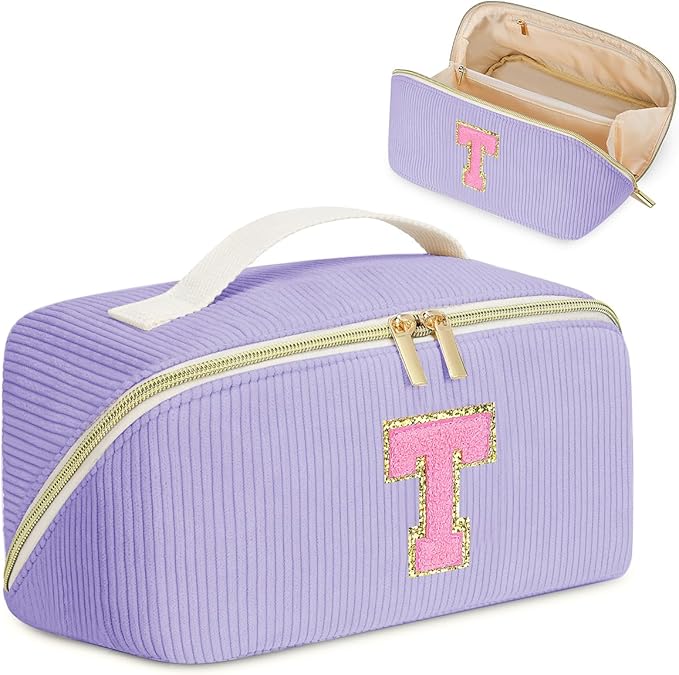Personalized Initial Makeup Bag,Christmas Gifts for Girl,Preppy Bag Cosmetic Travel Bag Women,Travel Toiletry Organizer,Large Capacity Corduroy Stuff Bag,Cute Cosmetic Pouch Skincare Bag-T