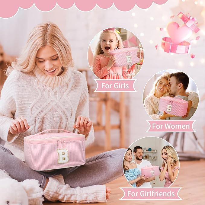 OCHEAL Makeup Bag for Women, Monogram Cosmetic Bag with Brush Holder, Pink Travel Makeup Case Beauty Toiletry Bag Organizer Personalized Gifts for Girls Bridesmaid, Sister, Wife, Friends Initial S