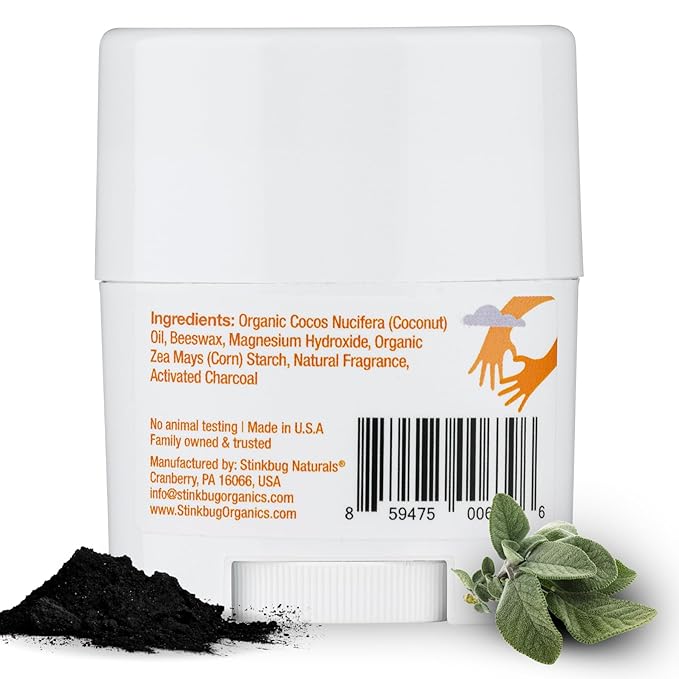 Stinkbug Naturals Organic Aluminum Free Travel Size Deodorant Stick with Amber Sage, Coconut Oil and Activated Charcoal, 0.75 Ounce Pack of 6
