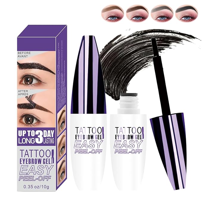 Easy Peel Off Eyebrow Gel, Tattoo Eyebrow Gel Easy Peel Off, Waterproof & Transfer-Proof Lasts Up to 3 Days Brow Color for Women, Create Fuller & Defined Looking Brows At-Home (04# Black)